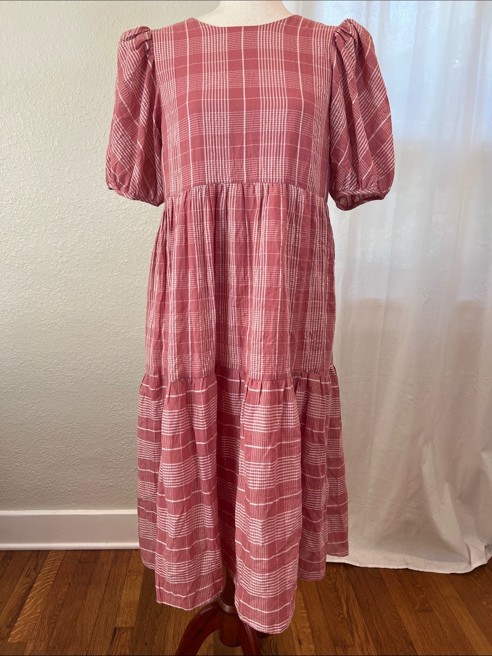 English Factory Rust Pink Plaid Puff Sleeve Midi Dress. Size S. NWOT